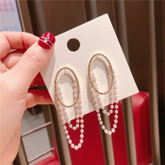 Oval Hoop Pearl Strands Drop Rhinestone Earrings - Picture 8 of 11